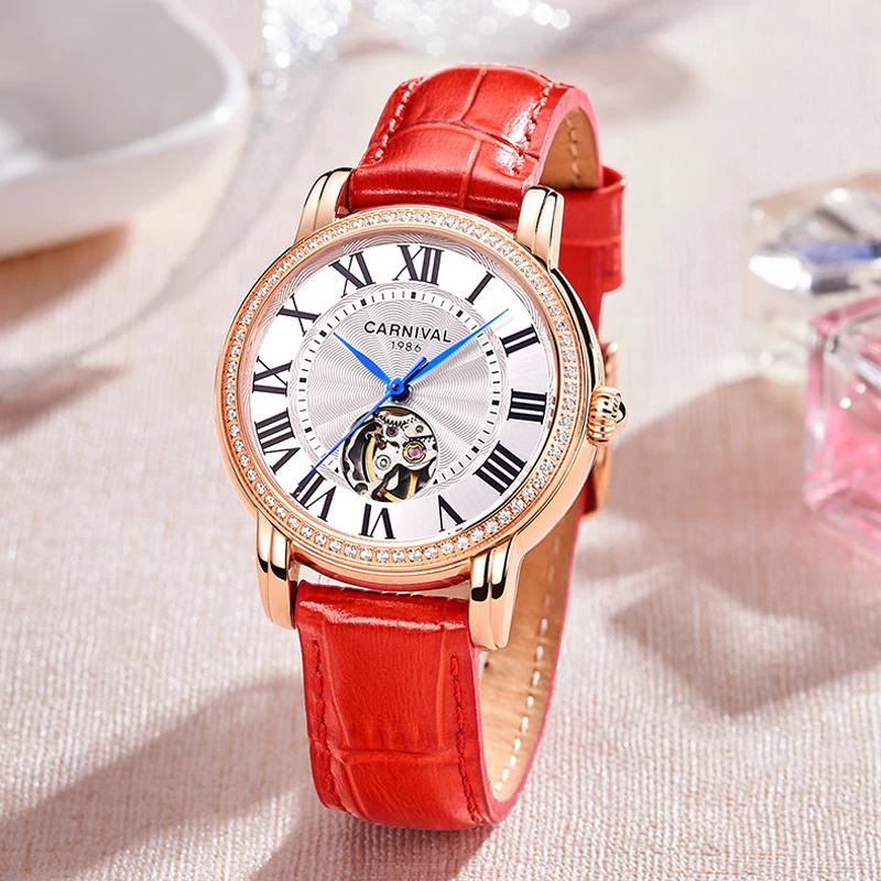 Carnival Brand Luxury Wrist Watch Fashion Leather Strap Automatic Mechanical Wristwatch Waterproof for Women Reloj Mujer 2023