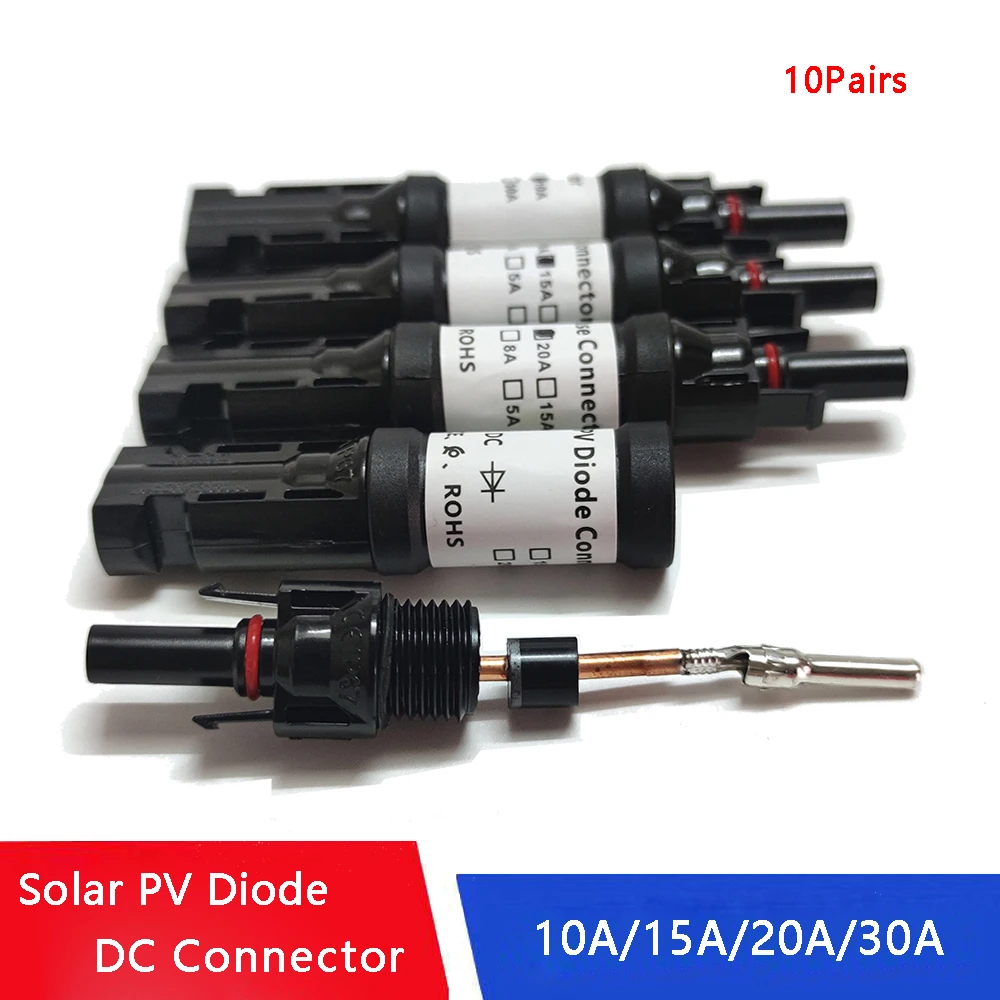 

10pcs Solar PV DC Diode Connector 10A 15A 20A 30A IP67 Waterproof Solar Plug For Solar Panel Parallel Connection Protection