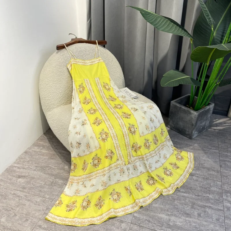 

Clothes for Women 2022 New Summer High Quality Sweet Yellow White Stitching Floral Print Slim Spaghetti Strap Mid-Calf Dress