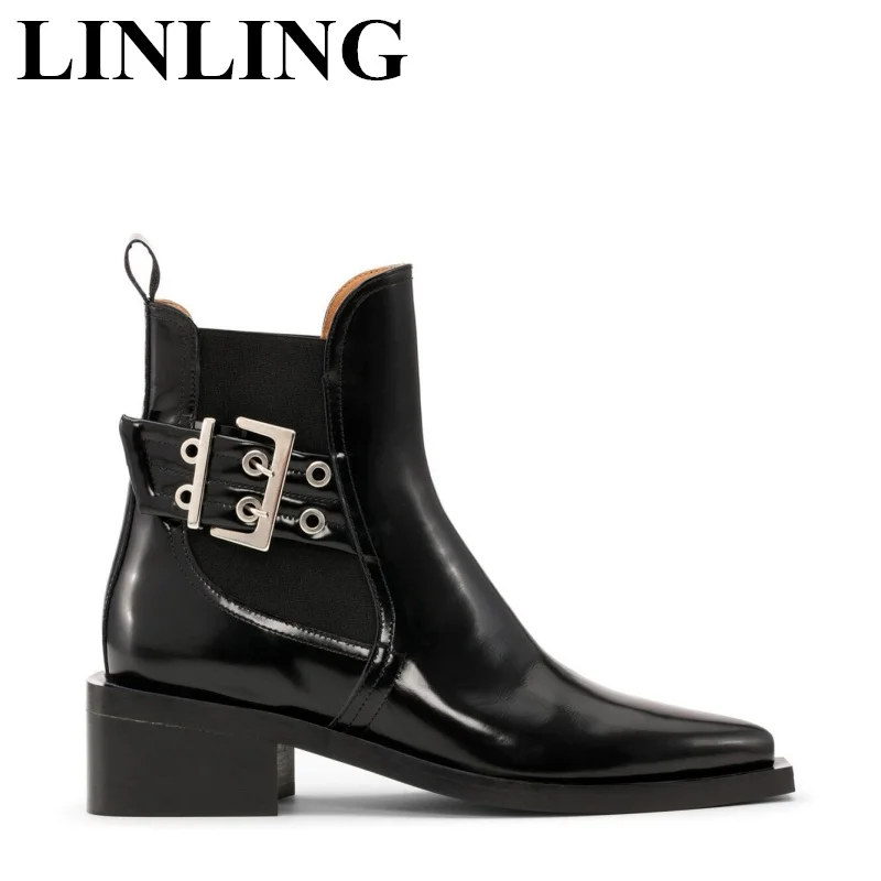 

Ботинки Челси женские с ремешком и пряжкой, Модные ботильоны на массивном каблуке, заостренный носок, кожаная повседневная обувь, черные, Осень-зима