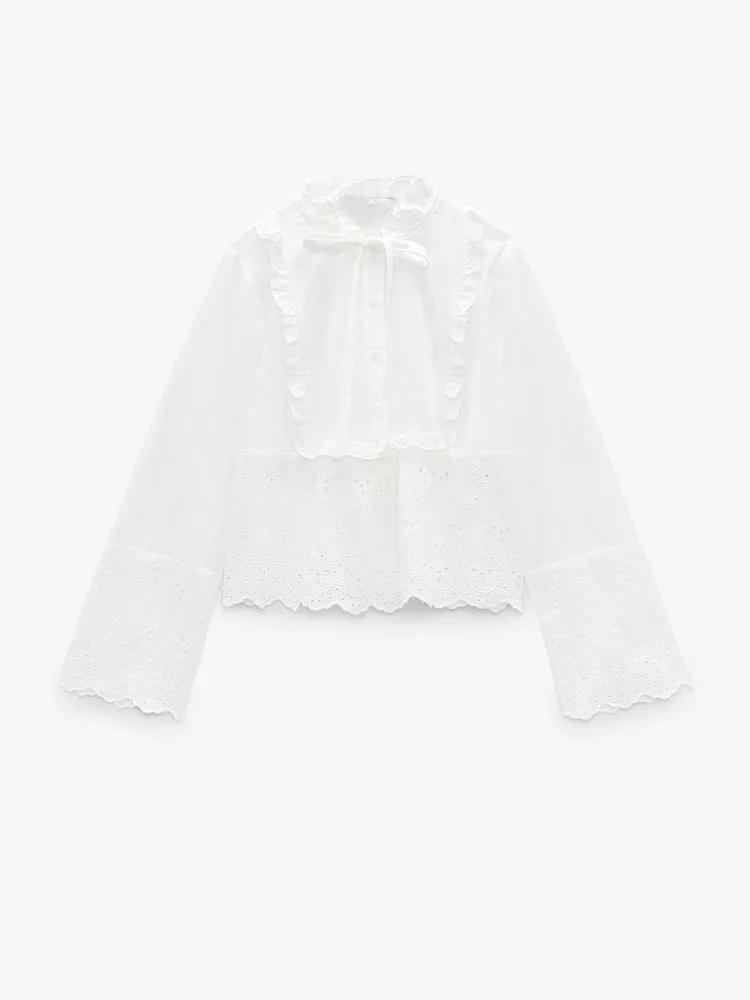 

2022 spring new women's clothing all-match fashion bow frill decoration hollow embroidery shirt top