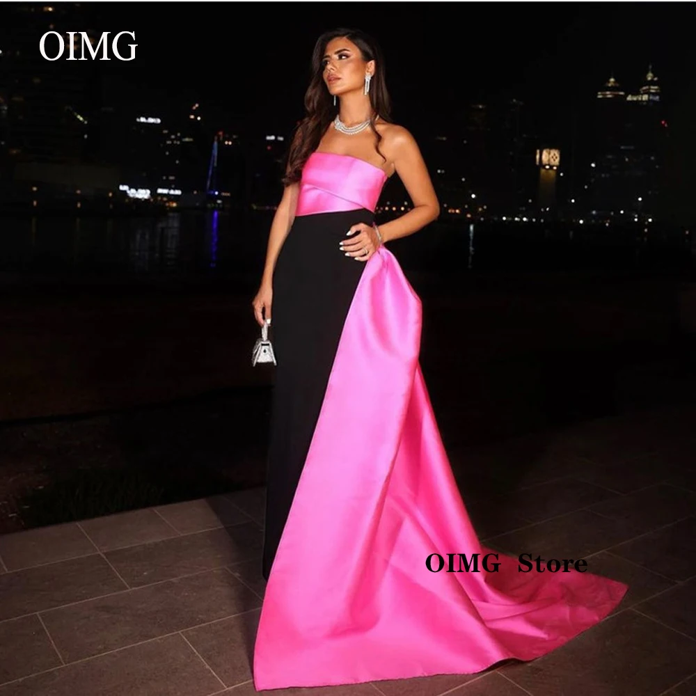 

OIMG Simple Pink And Black Satin Long Evening Dresses Strapless Saudi Arabic Women Formal Party Prom Gowns Special Occasion Dres