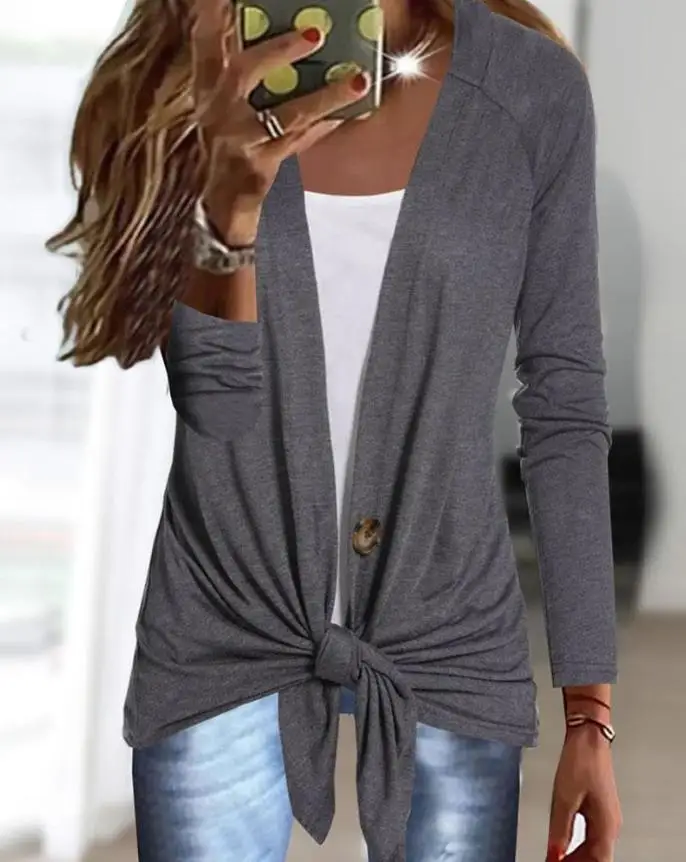 

Casual Fake Two-Piece Long Sleeve Top Colorblock Scoop Neck Tied Detail Button Design Daily Summer Women's Fashion T-Shirt