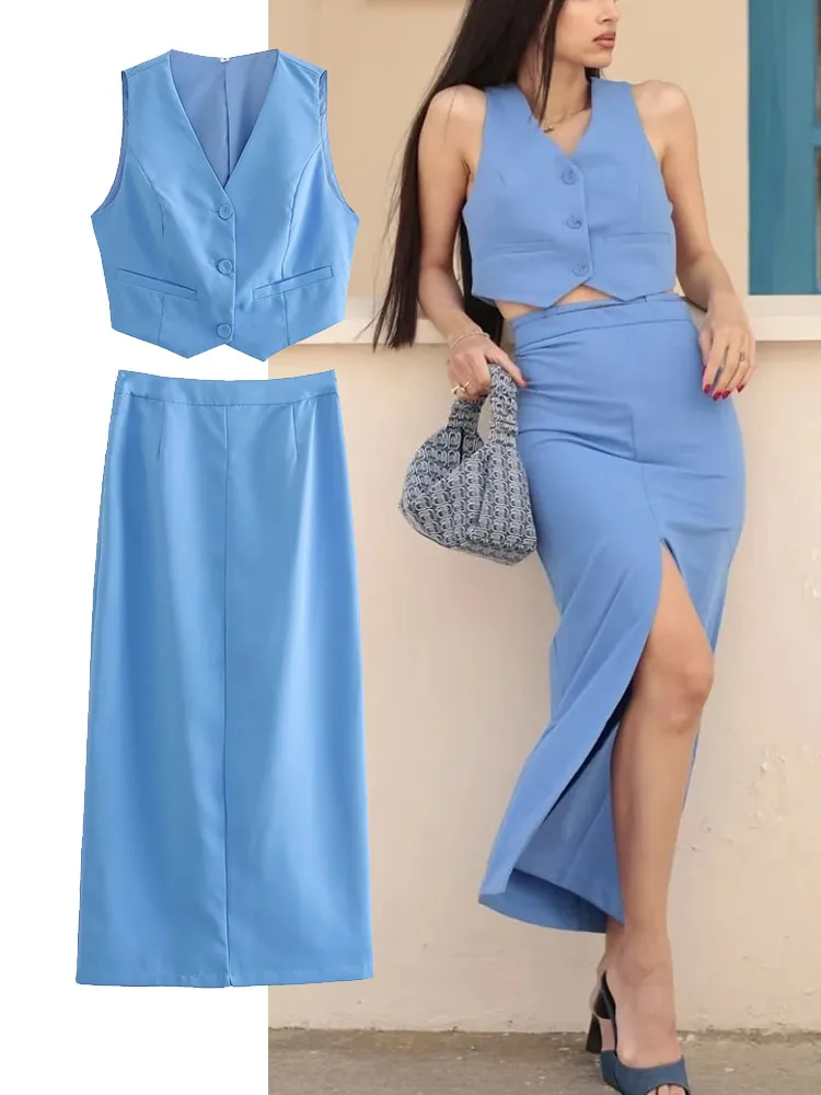 

TRAF 2023 New Fashion Cropped Vests Top Women Suit Split Skirts 2 Piece Set Womens Outfits Women Two Pieces Midi Skirts Sets