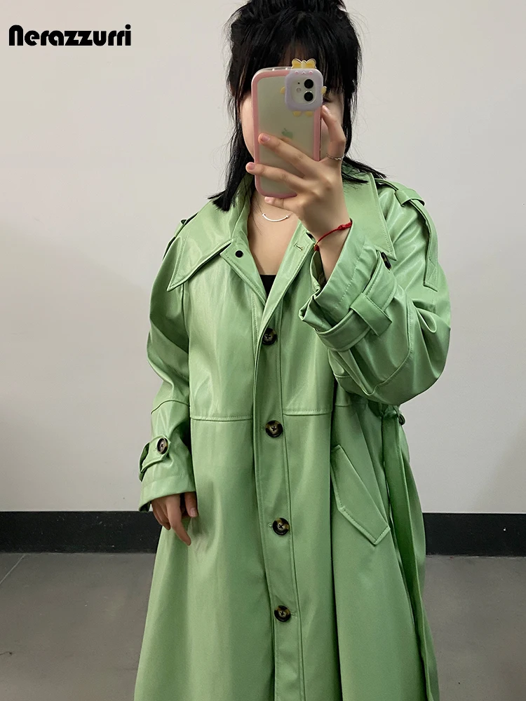 

Nerazzurri Spring Autumn Long Oversized Casual Faux Leather Trench Coat for Women Sashes Single Breasted Loose Korean Fashion