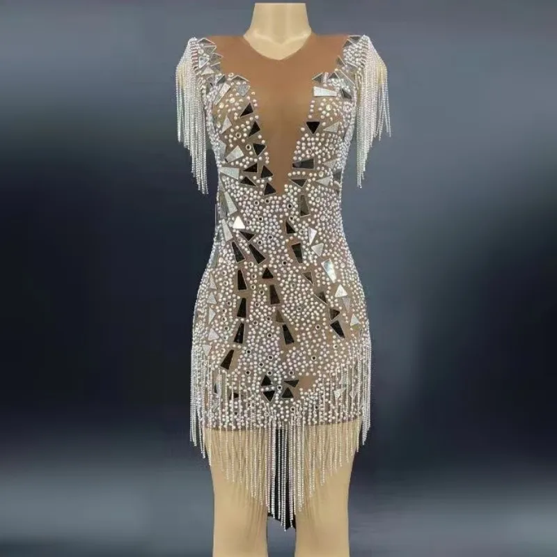Silver Tan Mesh Crystals Fringes Mirrors Dress Birthday Evening Celebrate Rhinestones Costume Stretch Outfit Singer Performance