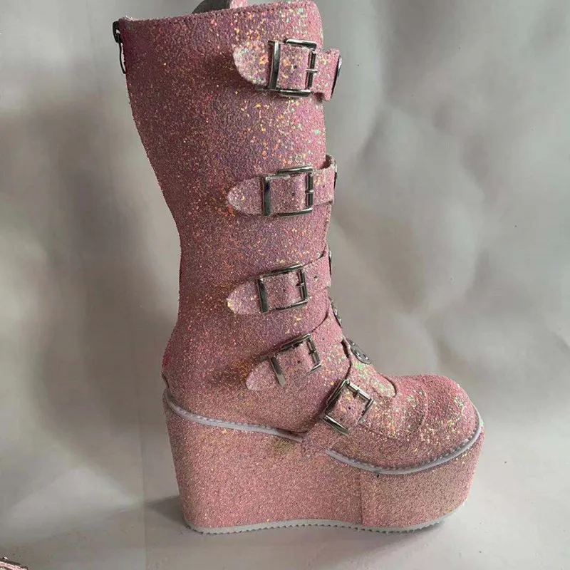 

2022 Ladies Punk Rock Platform High-Heeled Martin Boots With Thick-Soled Platform Handsome Rear Zipper Large Size Stage Boots