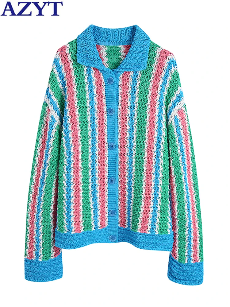 

AZYT Striped Panelled Women Sweater Cardigan Turn Down Collar Casual Knitted Cardigan 2022 Autumn Loose Women Sweater Coat