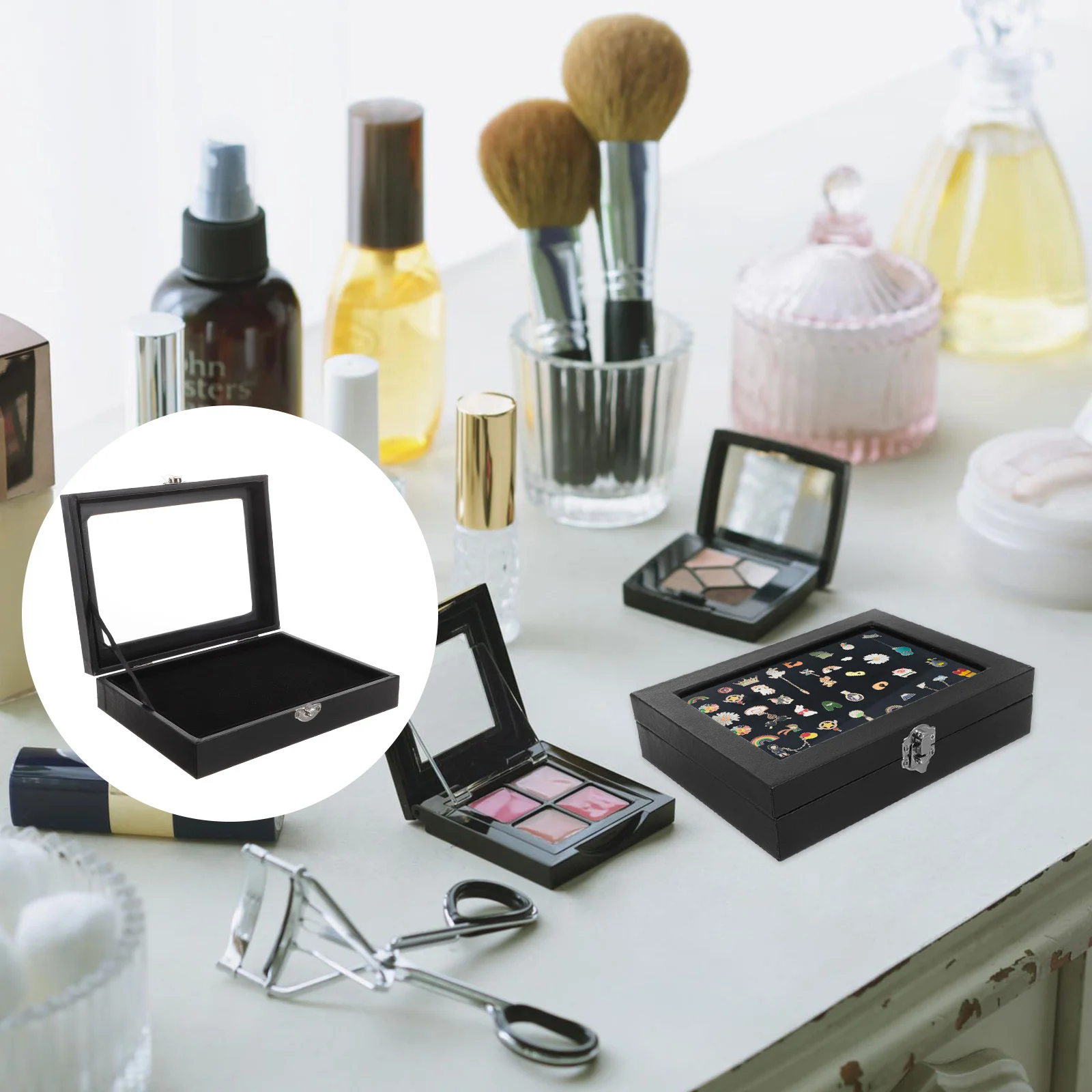 

Badge Storage Box Clear Container Lid Lapel Holder Jewelry Organizer Glass Cover Brooch Case Pu Pin Display Table