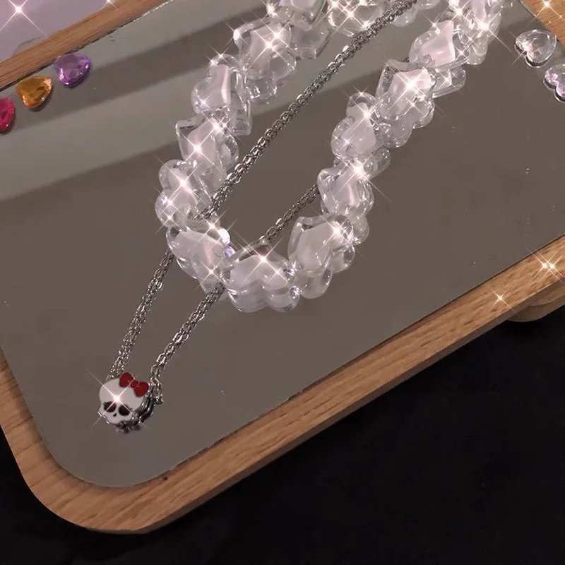 

Cute Skull Pendant Necklace for Women Y2k Accessories Sweets Colorful Heart Beads Girls Choker Layered Chain Necklaces Jewelry