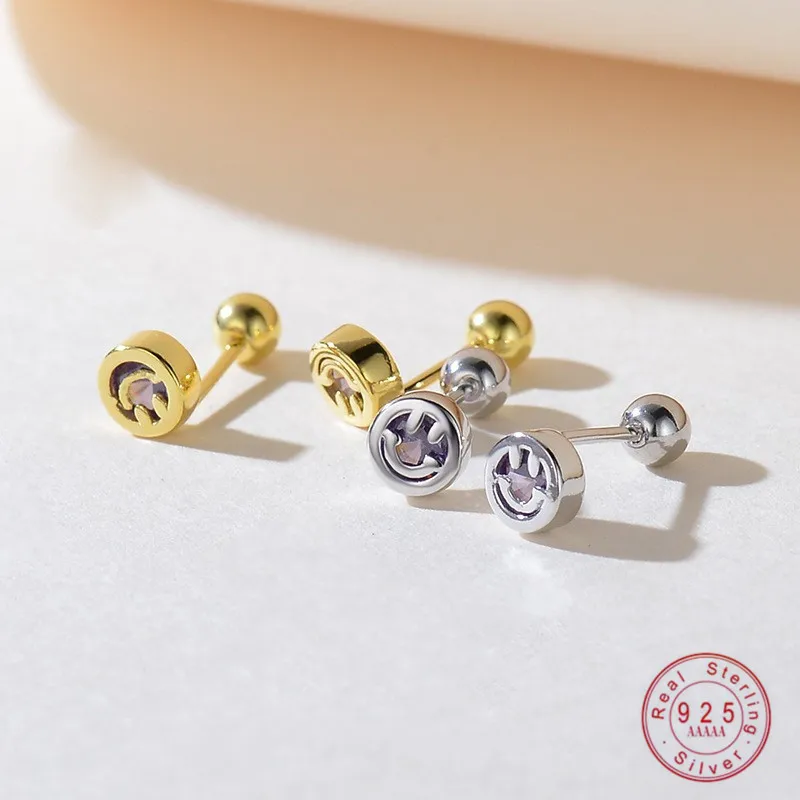 

925 Sterling Silver Delicate Small Smiley Face Stud Earrings for Women Girl Stylish Simple Everyday Jewelry