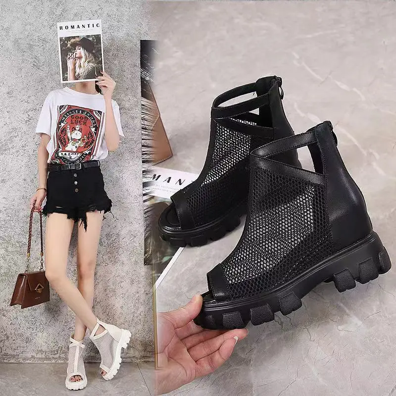 2023 Summer New Mesh Breathable Sandals with Elevated Thick Sole Leather Mesh Boots for External Wear