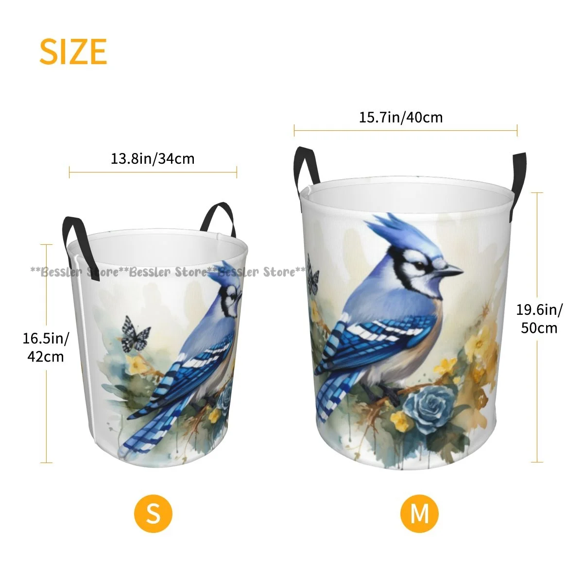 Голубой Джей Perches возле потрясающих цветов стильная корзина для белья с рисунком