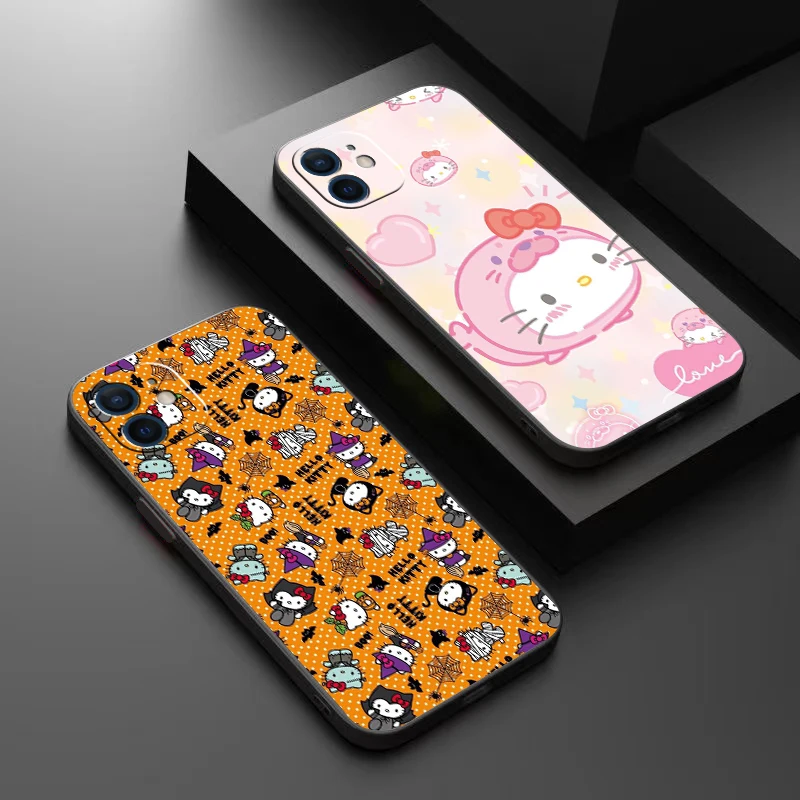 

Cartoon Hello Kitty Phone Case For Funda iPhone 13 12 11 Pro Max Mini X XR XS Max 6 6s 7 8 Plus Etui Black Soft Back