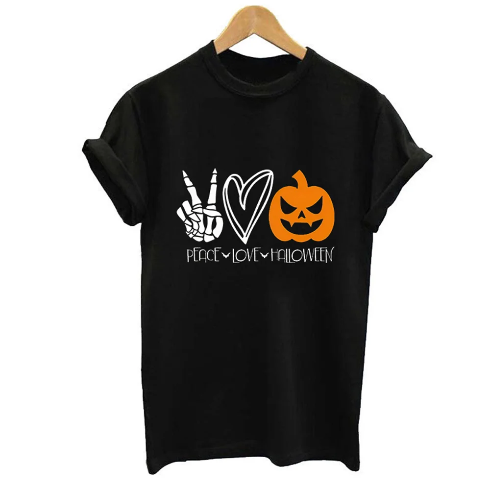 

Summer New O-Neck Short Sleeve Cotton T-shirt, Halloween Peace Love Print Women's Casual Fashion Loose Short Sleeve T-shirt