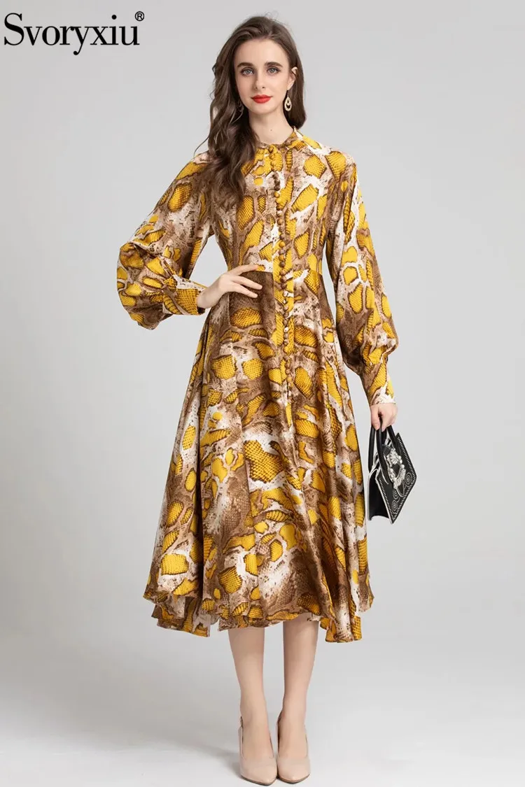 

Svoryxiu Summer Fashion Gorgeous Midi Dress Women's Lantern Sleeve Single Button Floral Print High Waist Vacation Party Dress