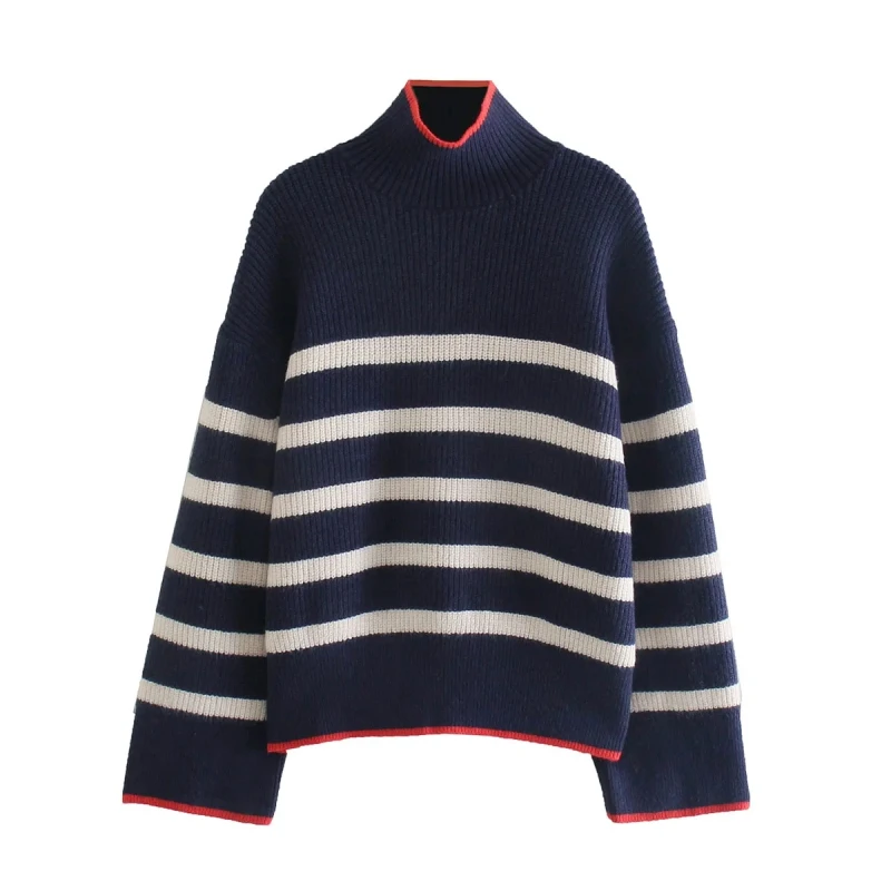 

SLMD Half-Turtleneck Striped Sweaters Women 2021 Fashion Loose Knitting Sweaters Vintage Female Long Sleeve Pullovers
