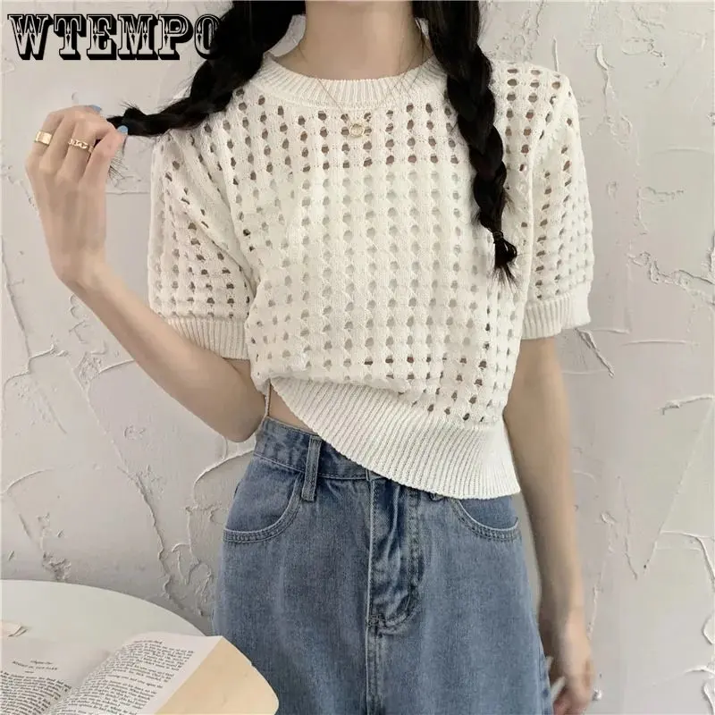 

WTEMPO Women Summer 2023 New Hollow Out Short Knitted Pullover Fashion Short Sleeve Thin Smock Solid Casual O-Neck Tops Knitwear