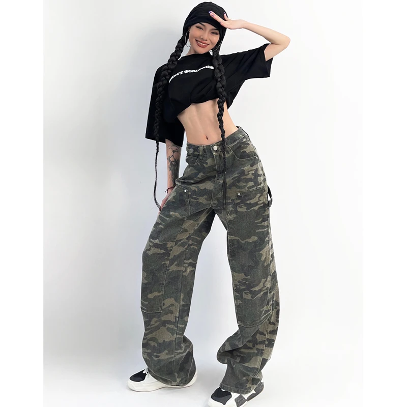

Army Green Vintage Women's Pants Straight Baggy Overalls High Street American Style Fashion Pocket Camouflage Denim Trouser
