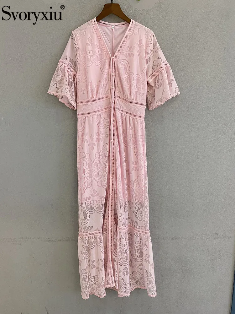 

Svoryxiu Designer Summer Pink Vintage Minimalist Long Dress Women's Short Sleeve Single Breasted Hollow Out High Waist Dress