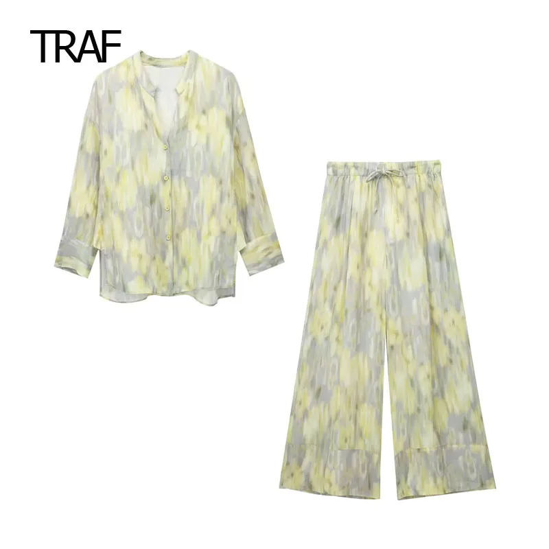 

TRAF Tie Dye Ramie Outfit Summer Outfits For Women 2023 Mid-Waist Print Fluid Casual Outfit Two Piece Set Women Top And Pants