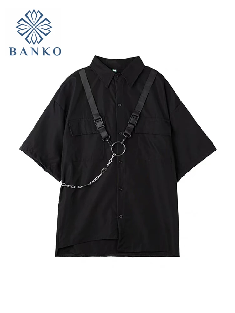 

Black Trend Cool High Street Blouse Women Summer New Oversize Short Sleeve Chain Pockets Tops Hip Hop Harajuku Basic Shirt Women