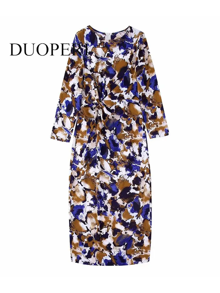 

Платье DUOPERI женское средней длины, модное винтажное шикарное платье с принтом, завязанным на спине, молнией и разрезом, с круглым вырезом и д...