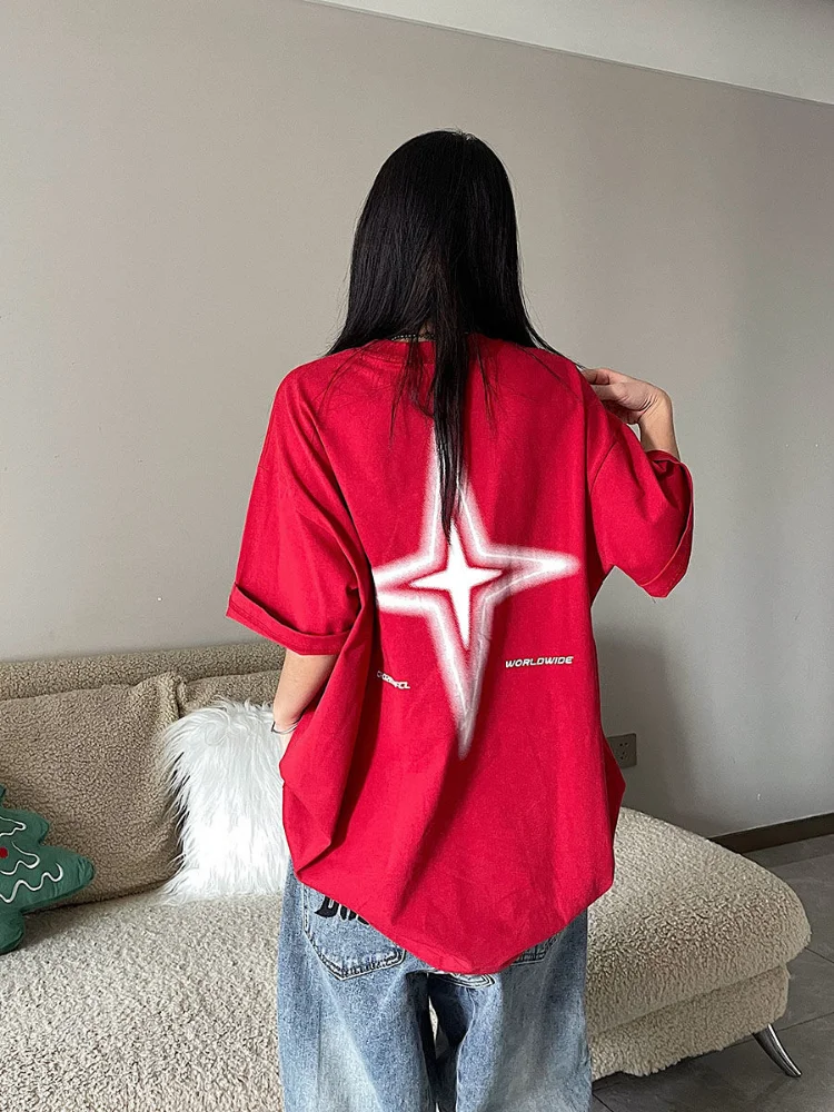

Уличная одежда HOUZHOU Kpop, красные футболки с коротким рукавом, большие размеры, Y2K, винтажные футболки с надписью и звездами, хиппи, Харадзюку, черные женские футболки