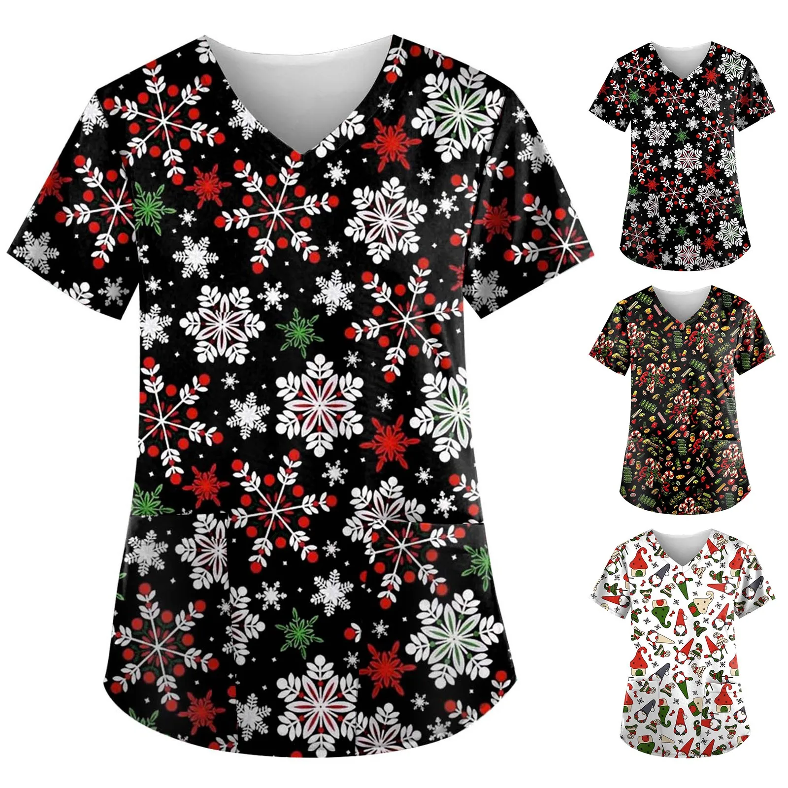 

Рождественская женская форма медсестры, топ с коротким рукавом и V-образным вырезом и принтом снеговика, Рабочая Униформа больницы, рабочая ...