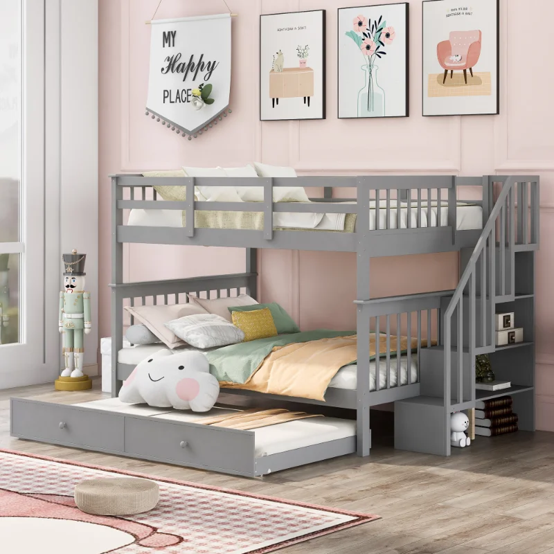 

[Flash Deal]Stairway Full-Over Full Bunk Bed with Twin size Trundle Storage and Guard Rail for Bedroom Dorm[US Stock]