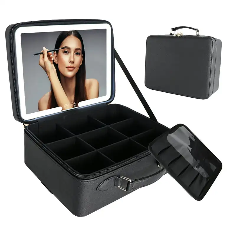 

Bag Makeup Case with Led Light Mirror & 10x Magnifying Mirror Travel Makeup Case Gifts for Teenage Girls,Black