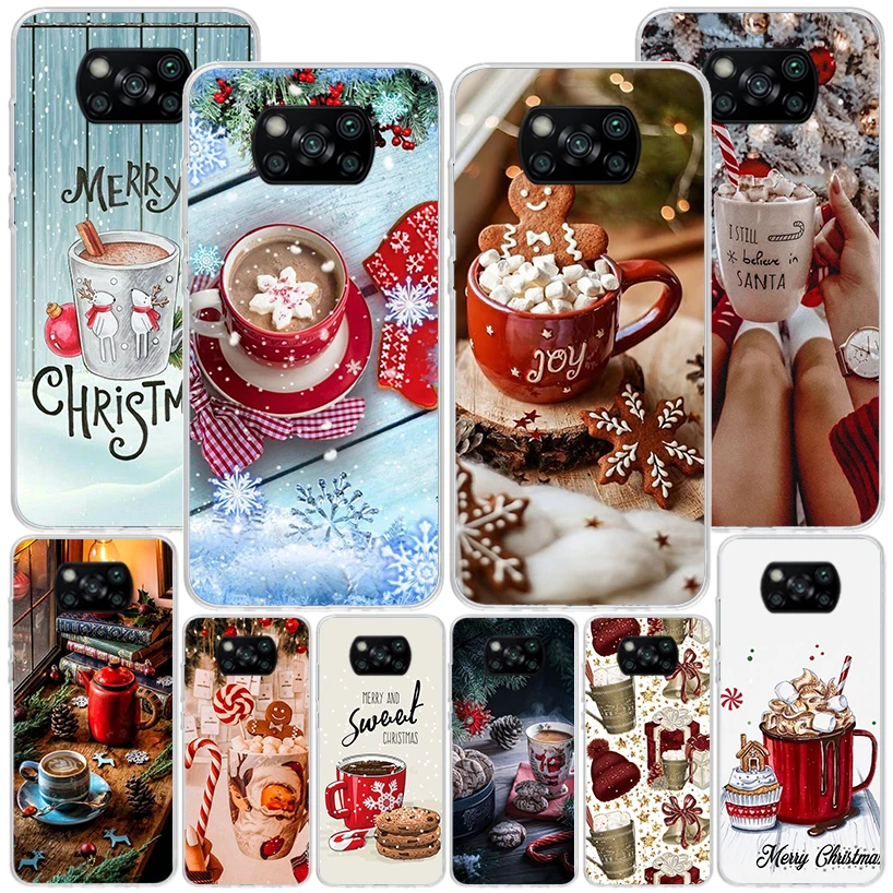 Зимний кофейный рождественский чехол для телефона Xiaomi Poco X6 X5 X4 X3 Nfc F6 F5 Pro F4 Gt F3 F2 F1