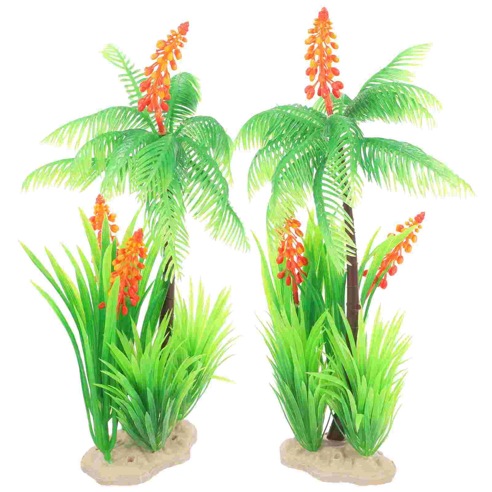 

2 Pcs Artificial Coconut Tree Fish Tank Decoration Ornaments Water Plants Plastic Palm Aquarium Aquatic