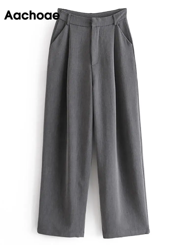 

Aachoae Women Fashion Solid Long Pants Office Lady High Waist Wide Leg Pants Casual Pleated Zipper Fly Pants Pantalones Mujer