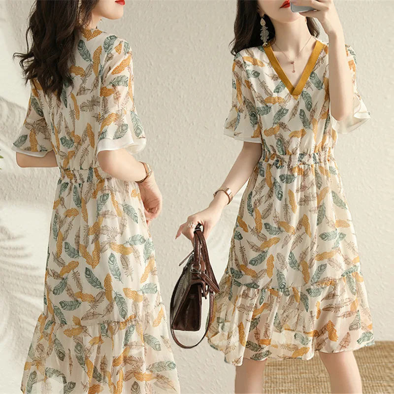 

French Print Dresses For Women 2022 Summer New Fresh V-Neck Butterfly Sleeve Elastic Waist Slim Knee-Length Vestido Feminino