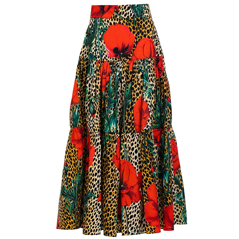 Gedivoen Fashion Designer Summer Cotton Skirts Women's High waist Vintage Leopard Floral print Vacation Skirts