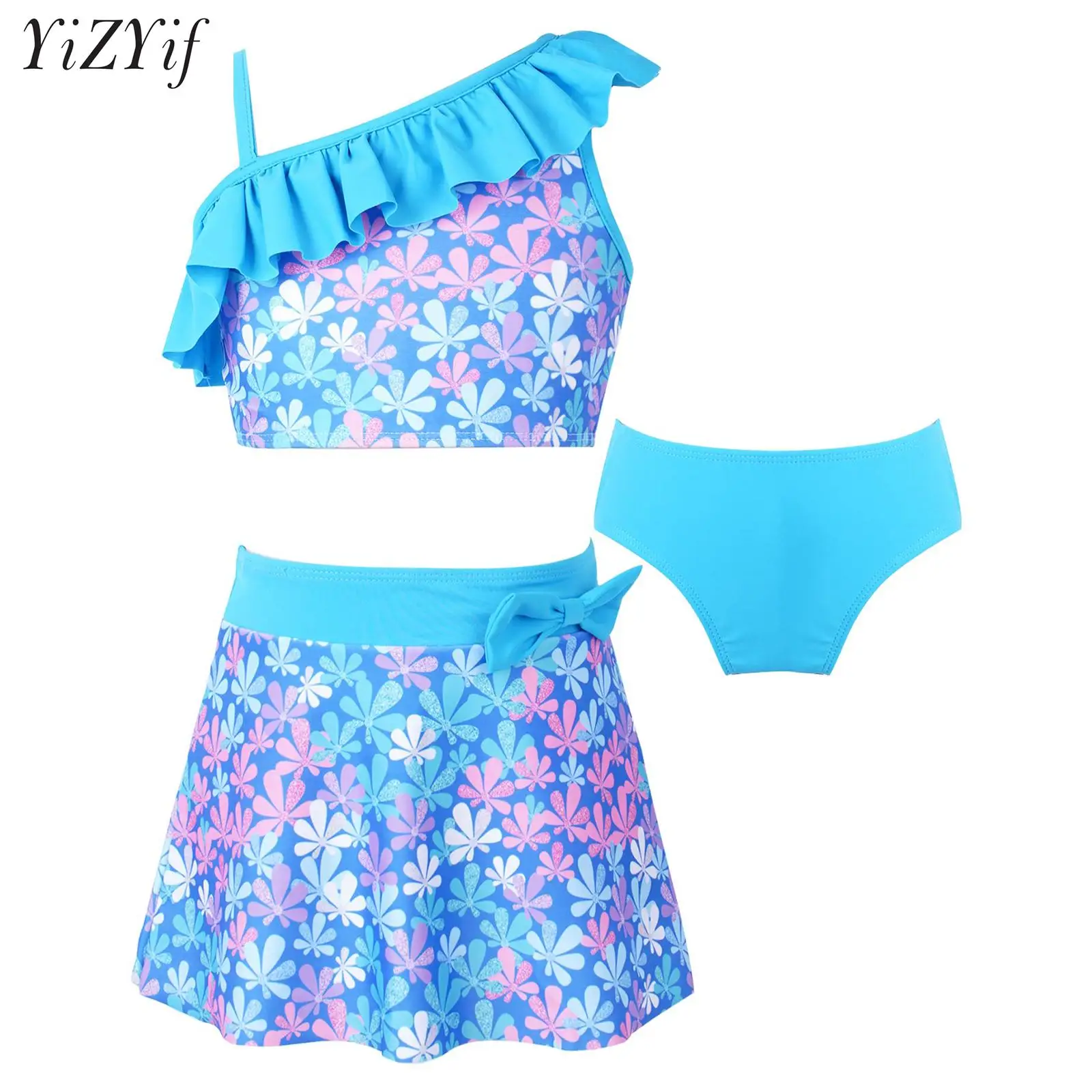 Kids Girls 3Pcs Floral Print Tankini Swimsuit One Shoulder Ruffle Tank Top Briefs and Skirt Beach Swimwear Pool Bathing Suit