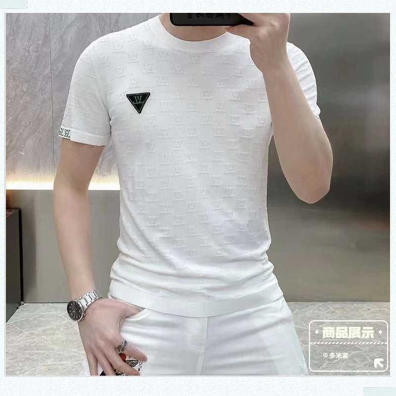 

New Men's Ice Silk Thin Knit Sweater Summer Fashion Personality Jacquard Short Sleeve Tide Brand Round Neck Slim T-Shirt