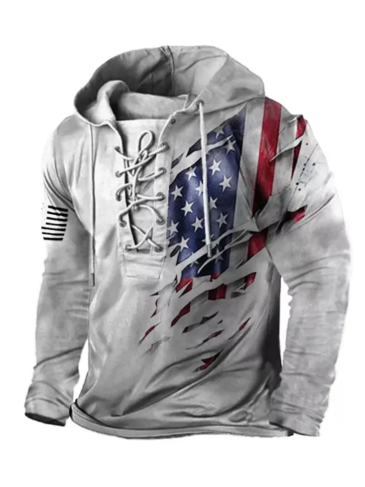 

Мужская толстовка с принтом американского флага, Повседневная Уличная одежда на шнуровке, прямой плотный пуловер с капюшоном, 2023