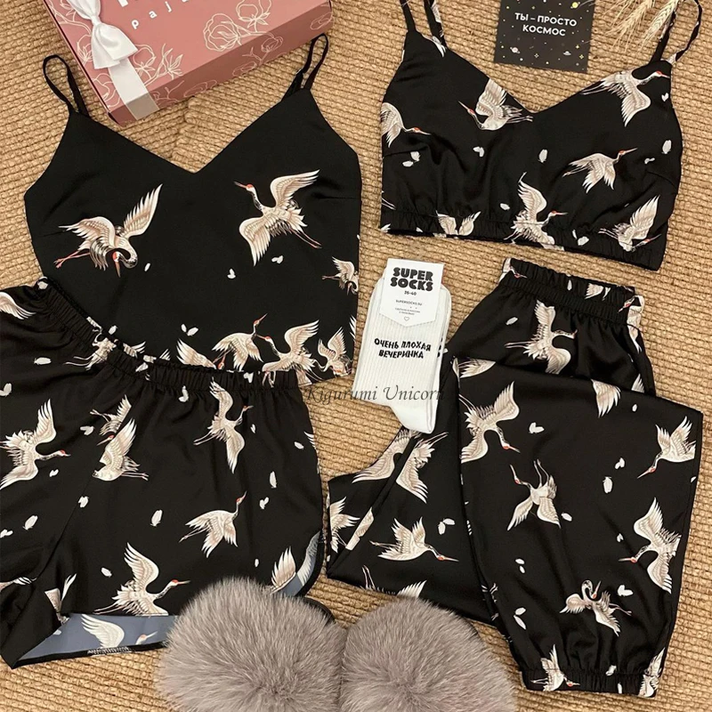Пижамный комплект Женский с принтом лисы топ на бретелях и штаны одежда для сна