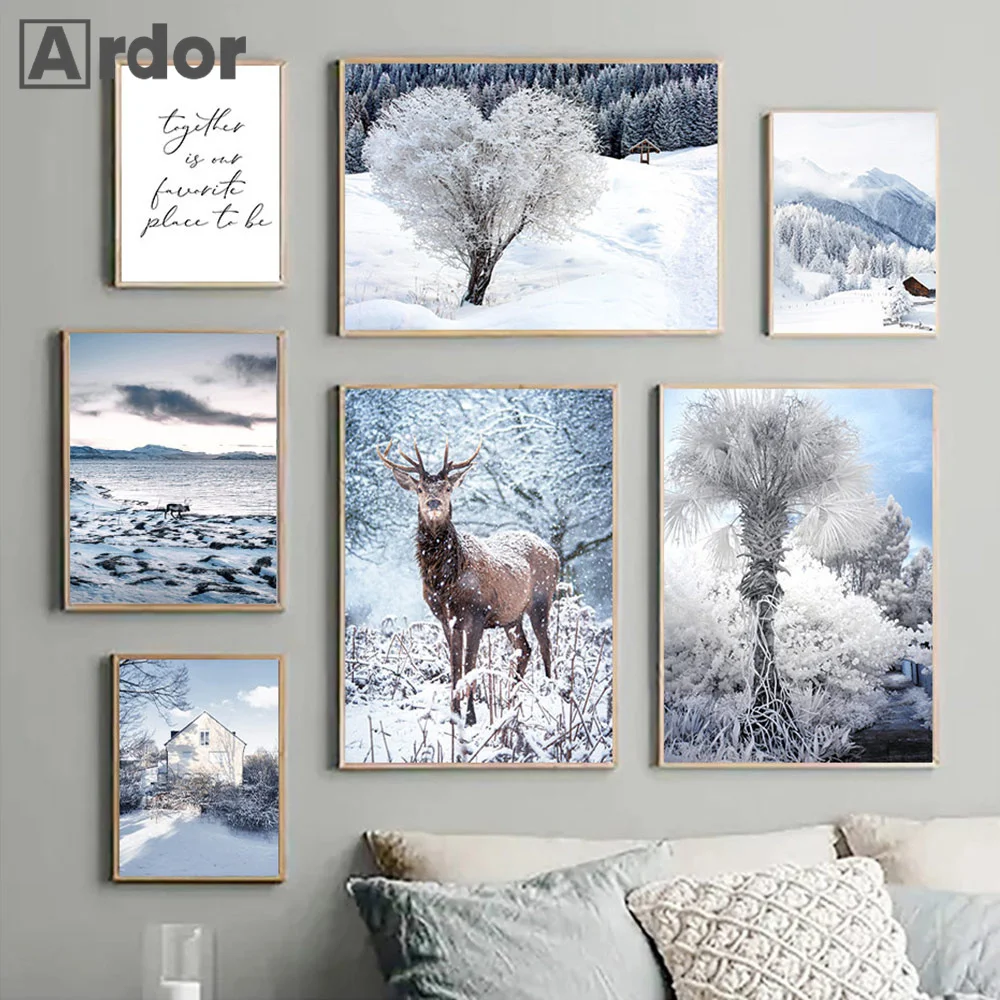 

Winter Nature Landscape Wall Art Poster Snow Canvas Painting Deer Tree House Print Scandinavian Nordic Wall Pictures Home Decor