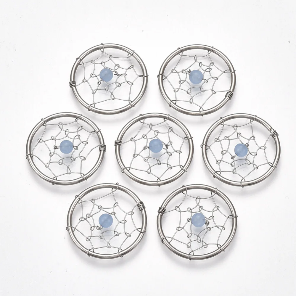 

12Pcs/Set 304 Stainless Steel Pendants with Natural White Stone Beads Dyed Flat Round with Spider Web Jewellery Crafts Wholesale