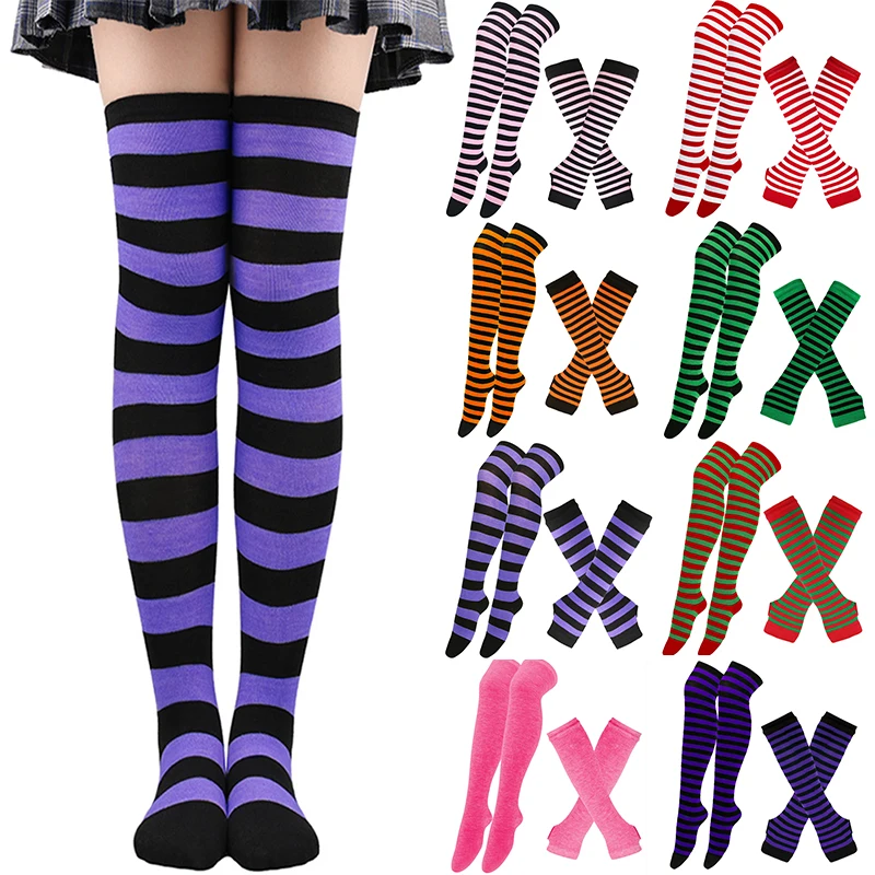 

1Set Women Girls Over Knee Long Stripe Printed Thigh High Cotton Socks Arm Sleeve Gloves Sweet Cute Plus Size Overknee Socks