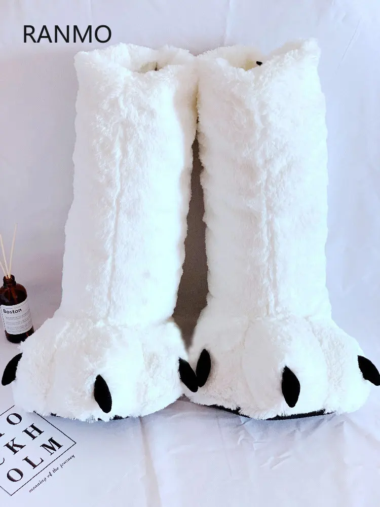 

Зимние тапочки для мальчиков и девочек, креативные домашние тапочки с милым медвежьим когтем, пушистая теплая обувь для дома, женские хлопк...