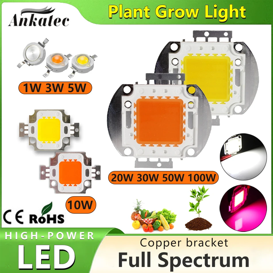 

LED High Power Lamp Bead 1W 3W 5W 10W 20W 30W 50W 100W Copper Bracket Full Spectrum 380-840nm Plant Growth Light Chip Pink White