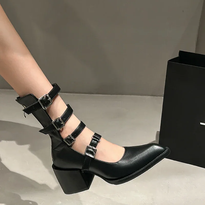 Женские ботильоны с острым носком модные короткие металлической пряжкой и