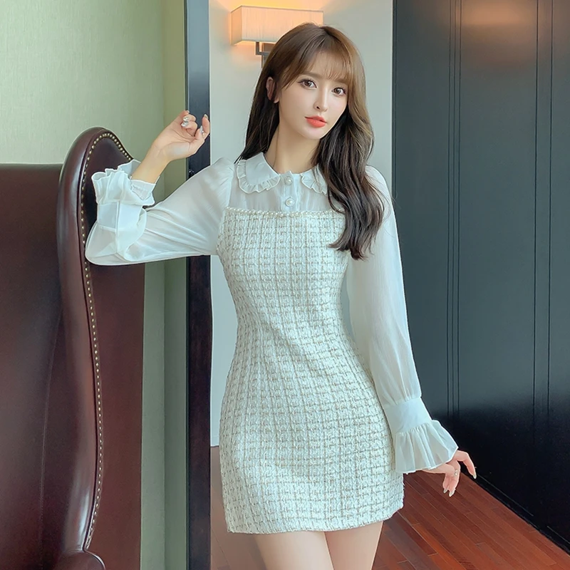 

Fashion Women Woollen Dress Autumn Winter Plaid Tweed Patchwork Chiffon Peter Pan Collar A Line Short Dress Vestido de Mujer