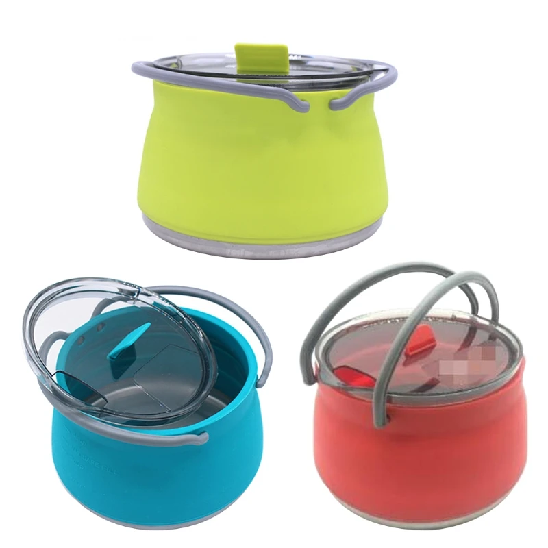 

Portable Folding Silicone Kettle Collapsible Stainless Steel Bottom Water Boiler Pot Outdoor Hiking Cooker Water Boiling Teapot