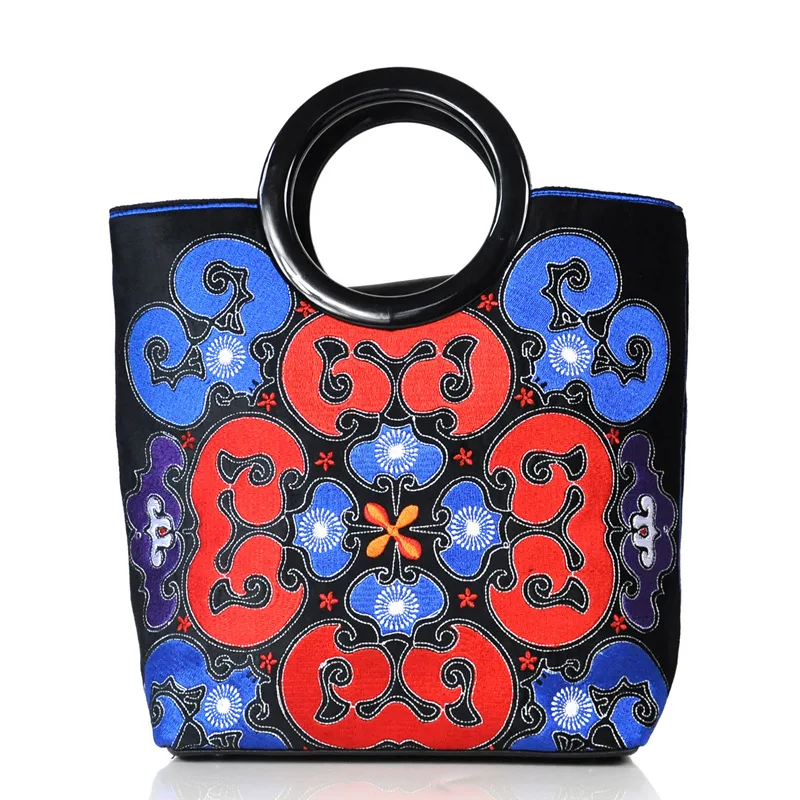 Original Personalized Embroidered Handbag Women's Street Retro PU Cotton Embroidery Pattern Stitching Bags Wholesale