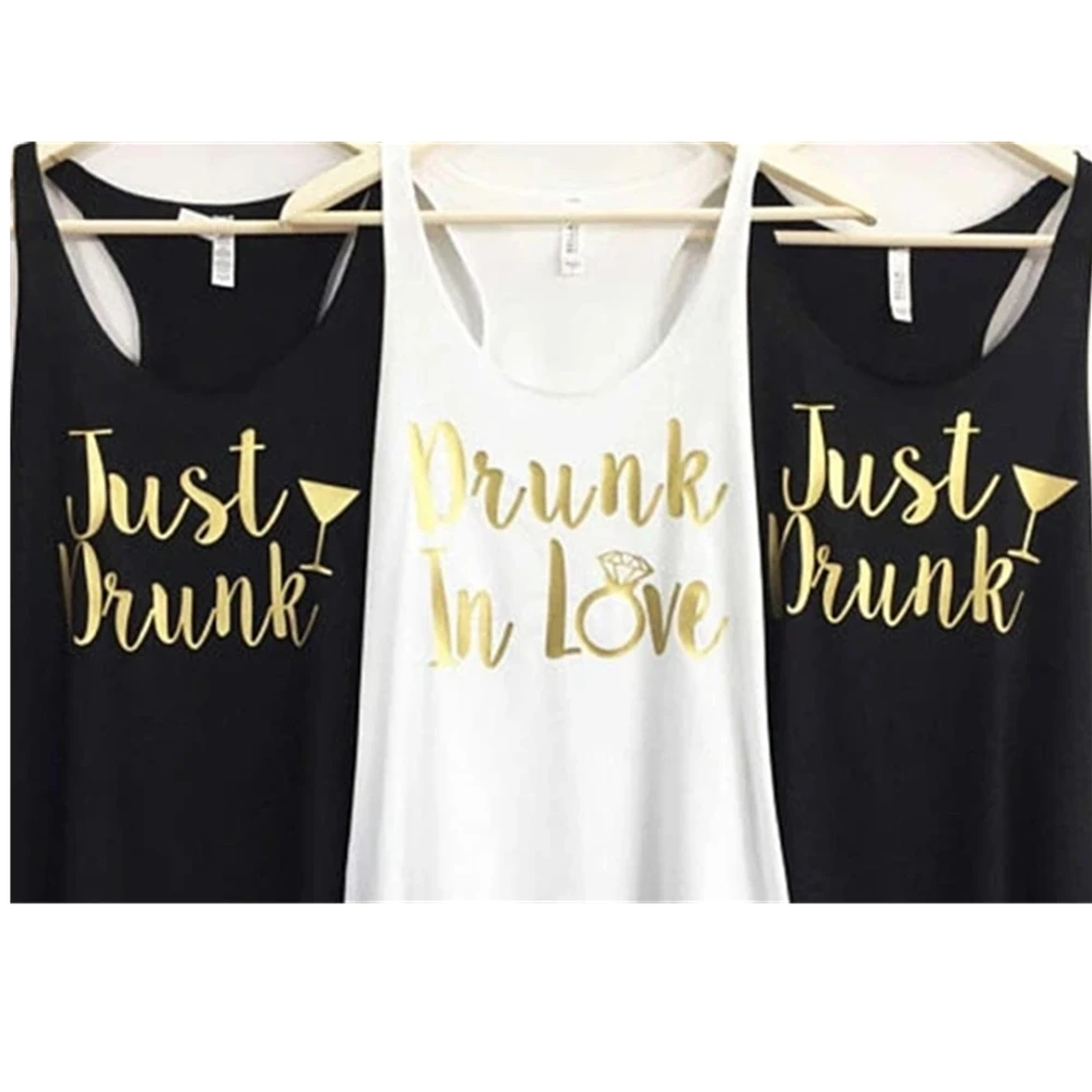 

personalized GOLD just drunk in love Bridesmaids Bride Tank tops tees Hen night Bachelorette bridal shower t Shirts Party favors